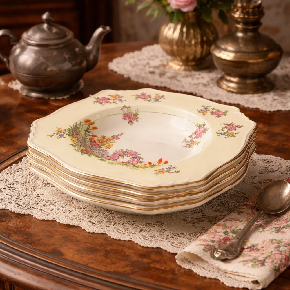 Antique 1920s Royal Windsor Soup Salad Bowls #1068 Wisteria/Garden Trellis